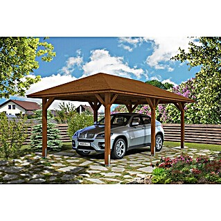 Skan Holz Carport Taunus (Außenmaß inkl. Dachüberstand (B x T): 3,74 x 6,56 m, Einzelcarport, Nussbaum)