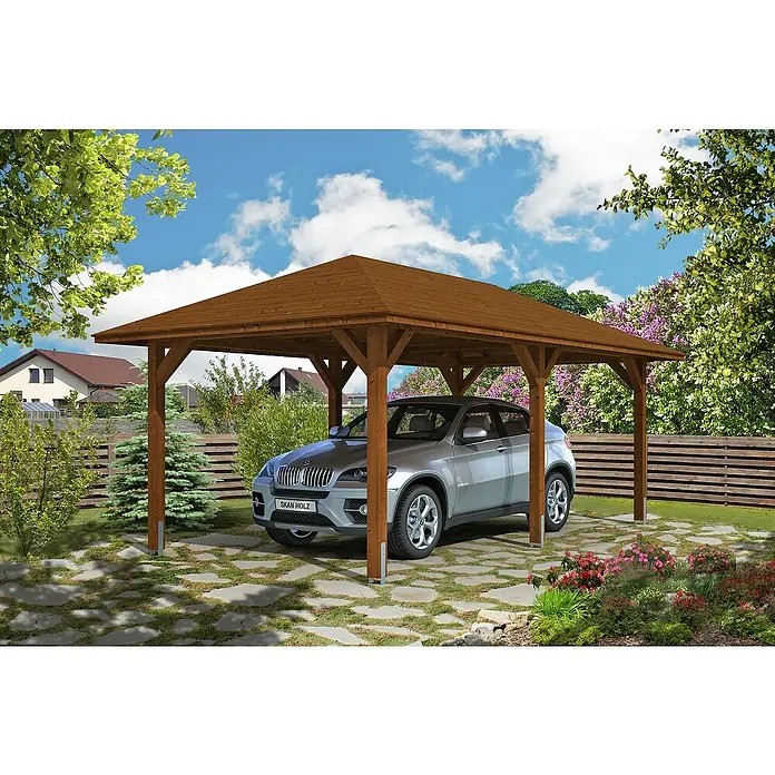 SKAN HOLZ Carport Taunus - Außenmaß inkl. Dachüberstand (B x T): 3,74 x 6,56 m, Einzelcarport, Nussbaum - Ein Carport aus Holz mit einem darunter geparkten silbernen Auto. Das Carport bietet Schutz vor Wettereinflüssen.