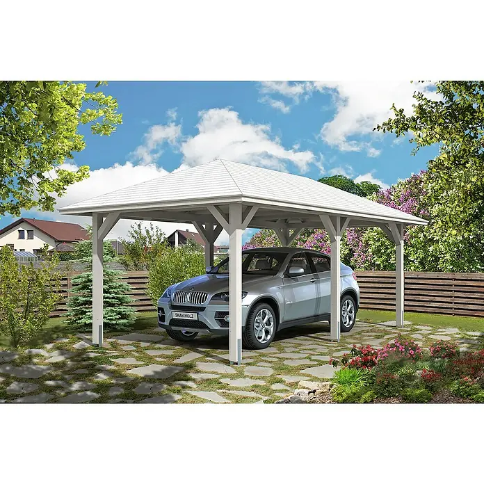 SKAN HOLZ Carport Taunus - Außenmaß inkl. Dachüberstand (B x T): 3,74 x 6,56 m, Einzelcarport, Weiß - Carport aus Holz mit grauem Auto darunter. Das Holzcarport bietet einen sicheren und wettergeschützten Stellplatz für Fahrzeuge im Garten.
