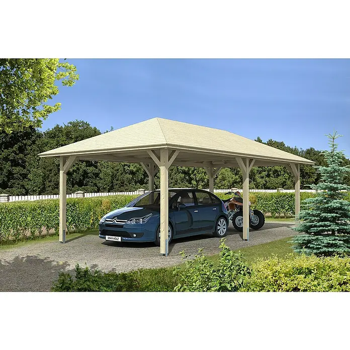 Skan Holz Carport TaunusAußenmaß inkl. Dachüberstand (B x T): 4,39 x 7,86 m, Einzelcarport, Natur - Geräumiger Carport aus Holz mit Auto und Quad darunter. Optimaler Schutz vor Witterungseinflüssen für Ihre Fahrzeuge.