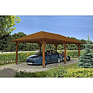 Skan Holz Carport Taunus (Außenmaß inkl. Dachüberstand (B x T): 4,39 x 7,86 m, Einzelcarport, Nussbaum)