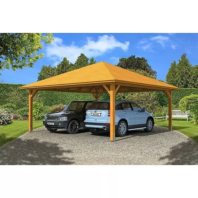Skan Holz Carport TaunusAußenmaß inkl. Dachüberstand (B x T): 6,34 x 6,34 m, Doppelcarport, Eiche Hell
