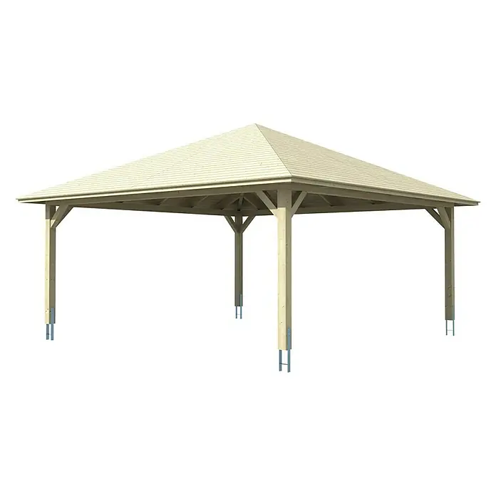 Skan Holz Carport TaunusAußenmaß inkl. Dachüberstand (B x T): 6,34 x 6,34 m, Doppelcarport, Eiche Hell - Hölzerner Pavillon mit einem hellen Holzdach und stabilen Stützpfeilern, ideal für den Garten oder als Überdachung im Außenbereich.