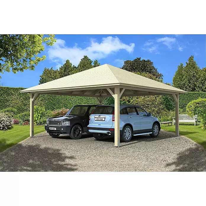 SKAN HOLZ Carport Taunus - Außenmaß inkl. Dachüberstand (B x T): 6,34 x 6,34 m, Doppelcarport, Natur - Anwendungsbeispiel