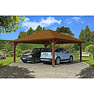 Skan Holz Carport Taunus (Außenmaß inkl. Dachüberstand (B x T): 6,34 x 6,34 m, Doppelcarport, Nussbaum)