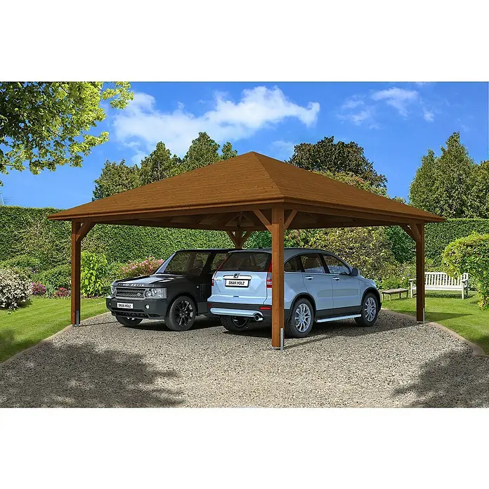 Skan Holz Carport TaunusAußenmaß inkl. Dachüberstand (B x T): 6,34 x 6,34 m, Doppelcarport, Nussbaum - Holz-Carport mit zwei Autos. Der Carport in Holz bietet Schutz für zwei Autos vor Wettereinflüssen und ist eine stilvolle Ergänzung für jeden Außenbereich.