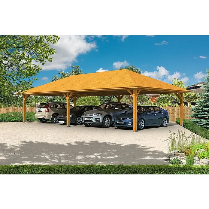 SKAN HOLZ Carport Taunus - Außenmaß inkl. Dachüberstand (B x T): 11,76 x 6,34 m, Doppelcarport, Eiche Hell - Ein Carport aus Holz bietet Platz für mehrere Autos und schützt sie vor Wettereinflüssen. Die Konstruktion wirkt stabil und einladend.