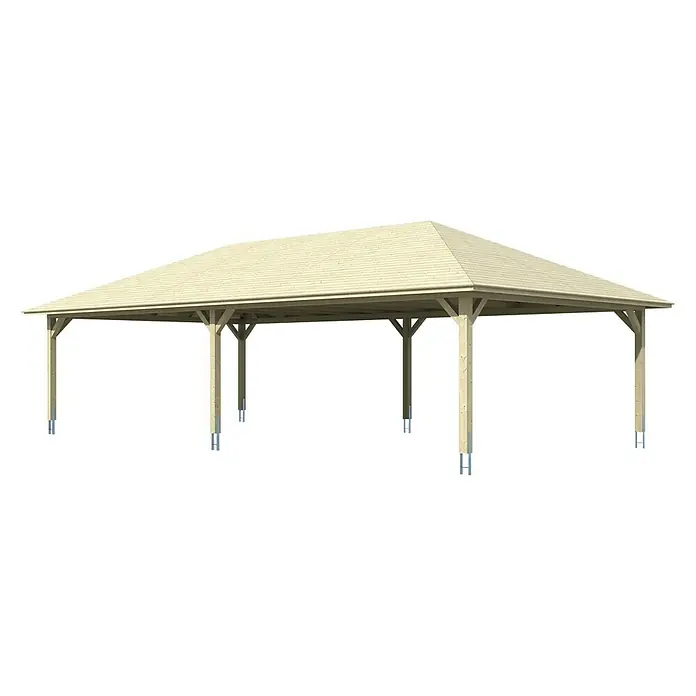 SKAN HOLZ Carport Taunus - Außenmaß inkl. Dachüberstand (B x T): 11,76 x 6,34 m, Doppelcarport, Nussbaum - Große Holzkonstruktion mit einem flachen Dach, gestützt von mehreren Pfosten. Ein schattenspendendes Bauwerk für den Außenbereich.