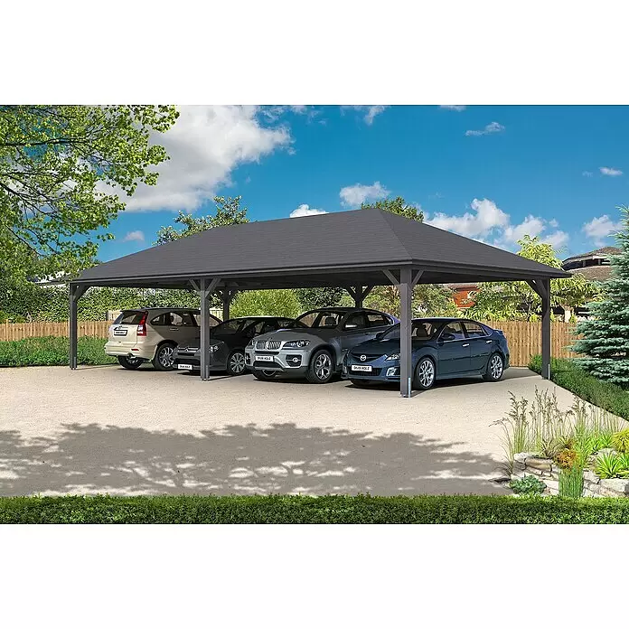 SKAN HOLZ Carport Taunus - Außenmaß inkl. Dachüberstand (B x T): 11,76 x 6,34 m, Doppelcarport, Schiefergrau - Anwendungsbeispiel