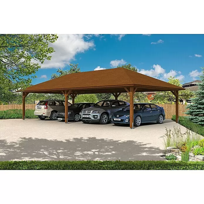 SKAN HOLZ Carport Taunus - Außenmaß inkl. Dachüberstand (B x T): 11,76 x 6,34 m, Doppelcarport, Nussbaum - Anwendungsbeispiel