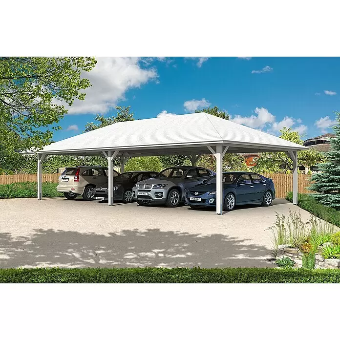 SKAN HOLZ Carport Taunus - Außenmaß inkl. Dachüberstand (B x T): 11,76 x 6,34 m, Doppelcarport, Weiß - Anwendungsbeispiel