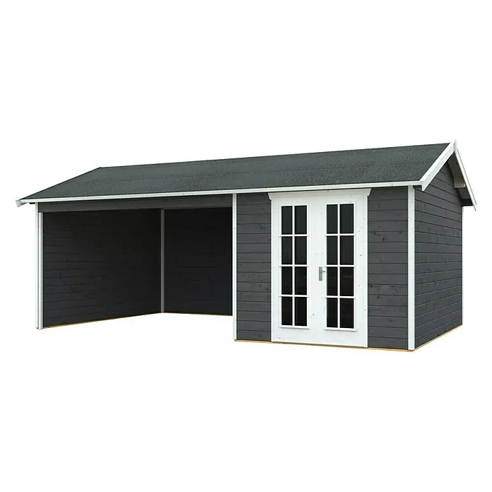 SKAN HOLZ Gartenhaus Tilburg - Außenmaß inkl. Dachüberstand (B x T): 653 x 420 cm, Holz, Schiefergrau - Eine graue Gartenlaube mit weißem Rand und Doppeltür, die eine stilvolle Ergänzung für jeden Außenbereich darstellt und Schutz bietet.