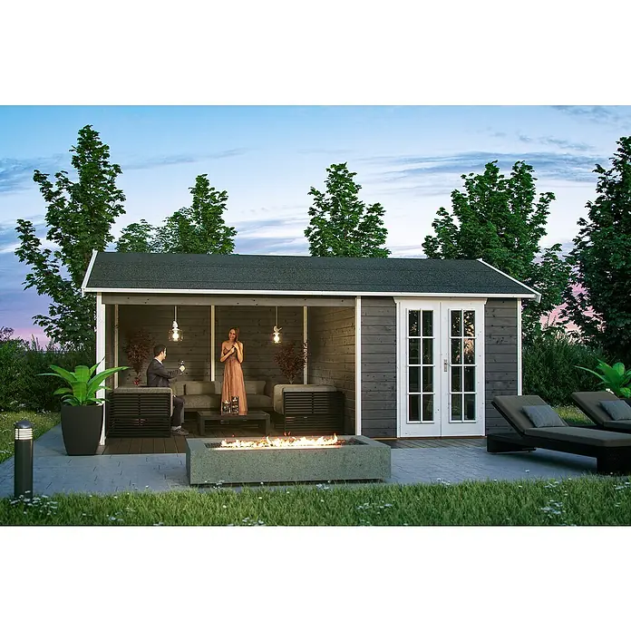 SKAN HOLZ Gartenhaus Tilburg - Außenmaß inkl. Dachüberstand (B x T): 653 x 420 cm, Holz, Schiefergrau - Einladende Gartenlaube mit grauer Holzverkleidung, weißen Fenstern und gemütlicher Sitzecke. Ideal für entspannte Abende im Freien.