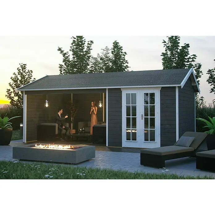 SKAN HOLZ Gartenhaus Tilburg - Außenmaß inkl. Dachüberstand (B x T): 653 x 420 cm, Holz, Schiefergrau - Moderne Gartensauna mit Lounge-Bereich und Feuerstelle für gemütliche Abende im Freien, ideal für Entspannung.