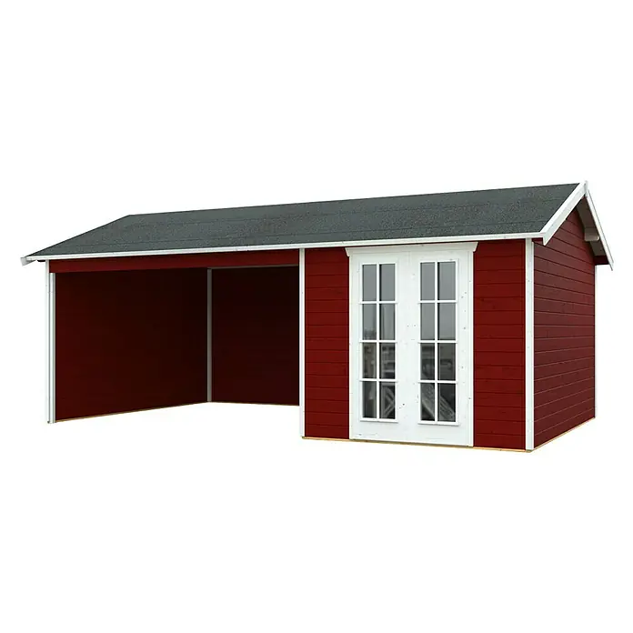 SKAN HOLZ Gartenhaus Tilburg - Außenmaß inkl. Dachüberstand (B x T): 653 x 420 cm, Holz, Schwedenrot - Roter Holzschuppen mit überdachtem Bereich und weißen Doppeltüren unter einem grauen Dach, ideal für Gartenlagerung.
