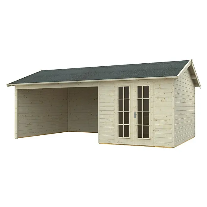 SKAN HOLZ Gartenhaus Tilburg - Außenmaß inkl. Dachüberstand (B x T): 653 x 420 cm, Holz, Natur - Ein helles Holzgartenhaus mit Doppeltüren und einem offenen Anbau, ideal für Gartenlagerung und Entspannung im Freien.