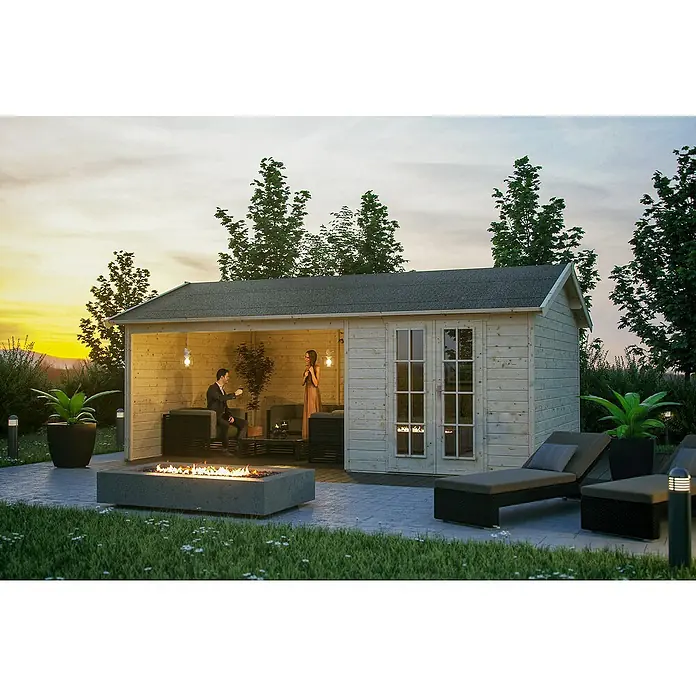 SKAN HOLZ Gartenhaus Tilburg - Außenmaß inkl. Dachüberstand (B x T): 653 x 420 cm, Holz, Natur - Das Blockhaus mit überdachter Terrasse bietet einen gemütlichen Raum im Freien mit viel Platz zum Entspannen und Genießen.