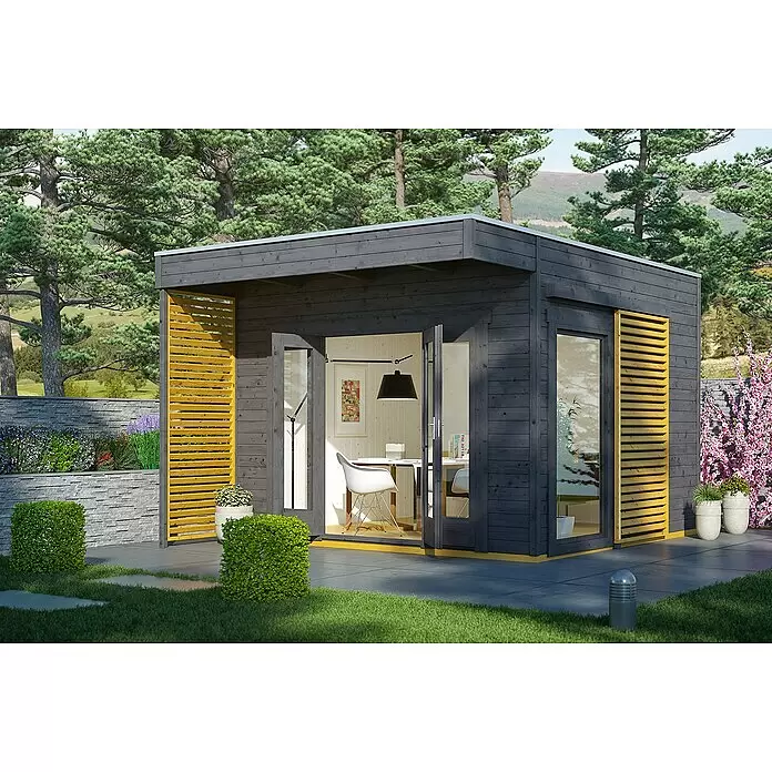 SKAN HOLZ Gartenhaus Tokio 2 - Außenmaß inkl. Dachüberstand (B x T): 340 x 440 cm, Holz, Schiefergrau, 11,56 m², Doppelschalig - Stimmungsaufnahme
