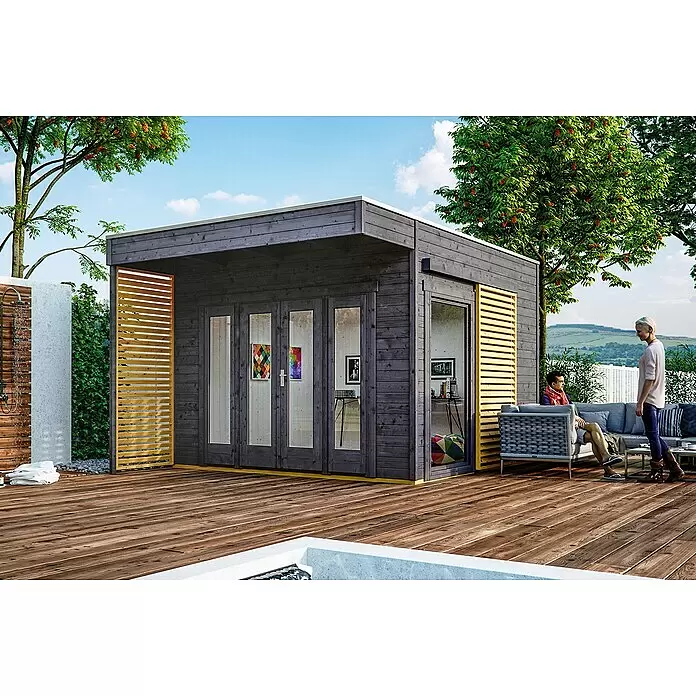 SKAN HOLZ Gartenhaus Tokio 2 - Außenmaß inkl. Dachüberstand (B x T): 340 x 440 cm, Holz, Schiefergrau, 11,56 m², Doppelschalig - Stimmungsaufnahme