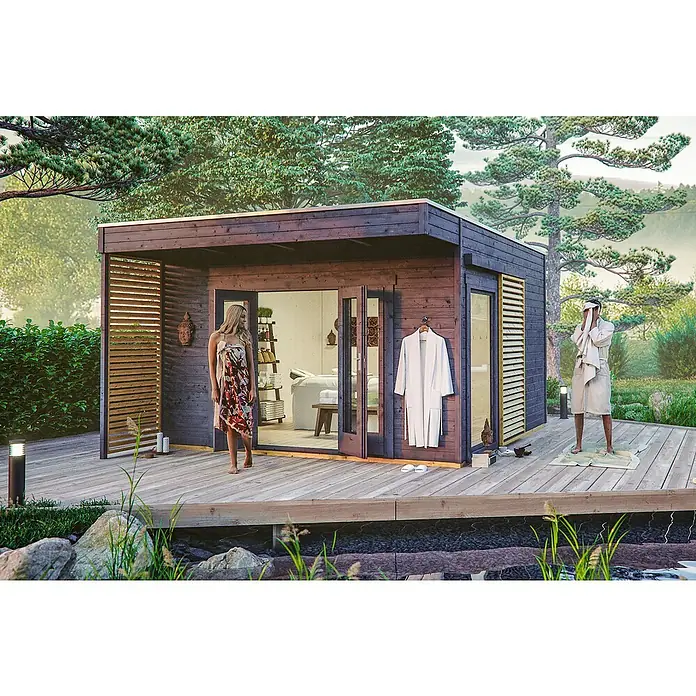 SKAN HOLZ Gartenhaus Tokio 2 - Außenmaß inkl. Dachüberstand (B x T): 340 x 440 cm, Holz, Schiefergrau, 11,56 m², Doppelschalig - Das Bild zeigt ein modernes Gartenhaus mit Holzterrasse, ideal für Wellness und Entspannung im Freien. Es bietet eine stilvolle Rückzugsort.