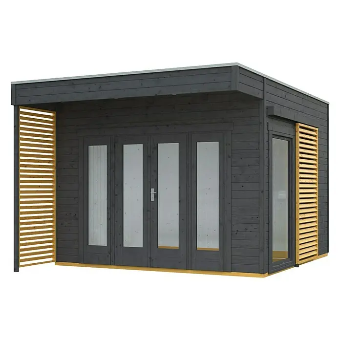 SKAN HOLZ Gartenhaus Tokio 2 - Außenmaß inkl. Dachüberstand (B x T): 340 x 440 cm, Holz, Schiefergrau, 11,56 m², Doppelschalig - Bild eines modernen Gartenhauses mit dunkler Holzverkleidung, großen Fenstern und seitlichen Holzlamellen als Sichtschutz.