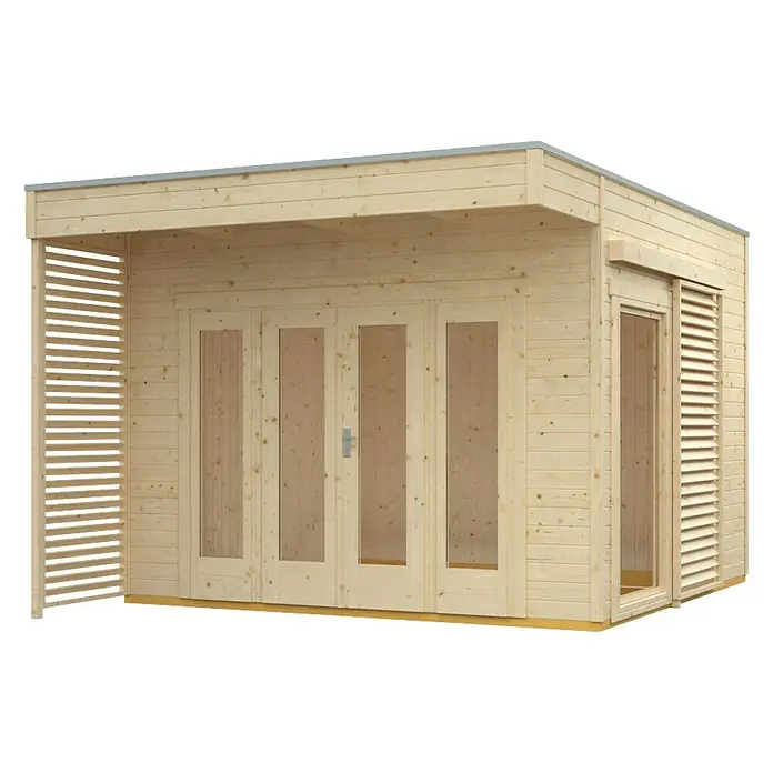 SKAN HOLZ Gartenhaus Tokio 2 - Außenmaß inkl. Dachüberstand (B x T): 340 x 440 cm, Holz, Natur, 11,56 m², Doppelschalig - Abbildung eines hellen Holz-Gartenhauses mit Glasfenstern und Lamellenwand, ideal für den Garten.
