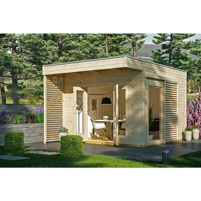 SKAN HOLZ Gartenhaus Tokio 2 - Außenmaß inkl. Dachüberstand (B x T): 340 x 440 cm, Holz, Natur, 11,56 m², Doppelschalig - Moderne Gartenlaube mit Holzverkleidung, ideal als stilvoller Rückzugsort im Grünen. Perfekt für Entspannung und Homeoffice im Garten.