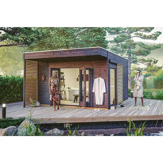 SKAN HOLZ Gartenhaus Tokio 4 - Außenmaß inkl. Dachüberstand (B x T): 402 x 502 cm, Holz, Schiefergrau, Doppelwandig - Stilvolles Gartensauna-Design mit Holzverkleidung, das Entspannung und Wellness in der Natur verspricht.