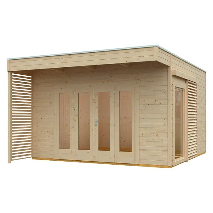 SKAN HOLZ Gartenhaus Tokio 4 - Außenmaß inkl. Dachüberstand (B x T): 402 x 502 cm, Holz, Natur, Doppelwandig - Abgebildet ist ein modernes Gartenhaus aus hellem Holz mit großen Fenstern und einer überdachten Veranda. Einladend und stilvoll.