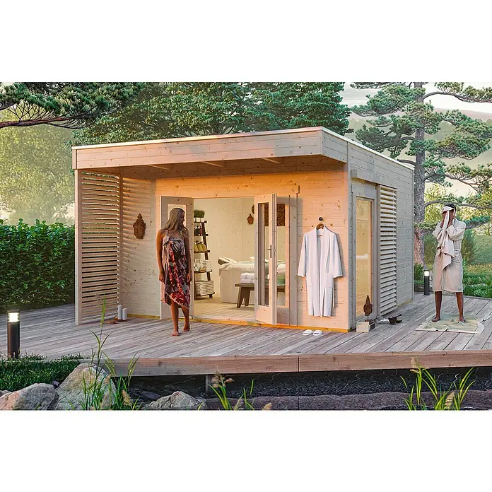 SKAN HOLZ Gartenhaus Tokio 4 - Außenmaß inkl. Dachüberstand (B x T): 402 x 502 cm, Holz, Natur, Doppelwandig - Die moderne Gartensauna bietet Entspannung pur! Das Holzdesign fügt sich perfekt in die Natur ein und verspricht Wellness für Zuhause.