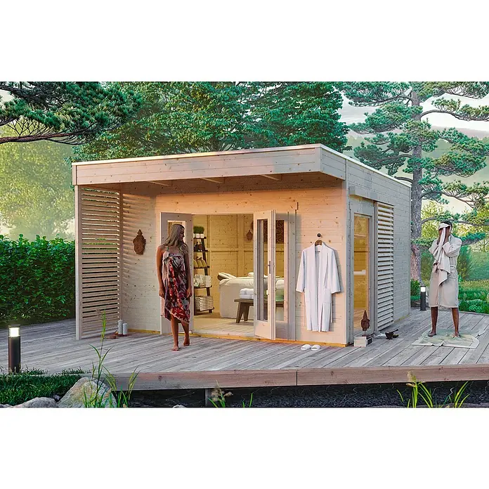 SKAN HOLZ Gartenhaus Tokio 4 - Außenmaß inkl. Dachüberstand (B x T): 402 x 502 cm, Holz, Natur, Einwandig - Ein modernes Gartenhaus mit stilvoller Holzterrasse, ideal zum Entspannen und Wohlfühlen im Grünen, präsentiert sich einladend.