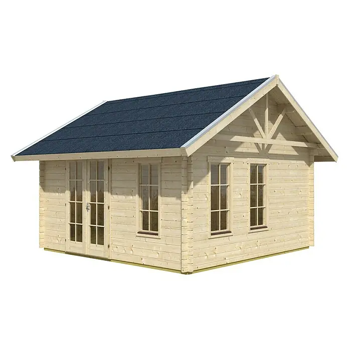 SKAN HOLZ Gartenhaus Toronto 1 - Außenmaß inkl. Dachüberstand (B x T): 500 x 500 cm, Holz, Natur, 17,64 m², 1 Lage Dachschalung - Gartenhaus aus hellem Holz mit dunklem Dach. Das Holzhaus hat Fenster und eine Doppeltür. Ideal für den Garten als Geräteschuppen oder Freizeitraum.