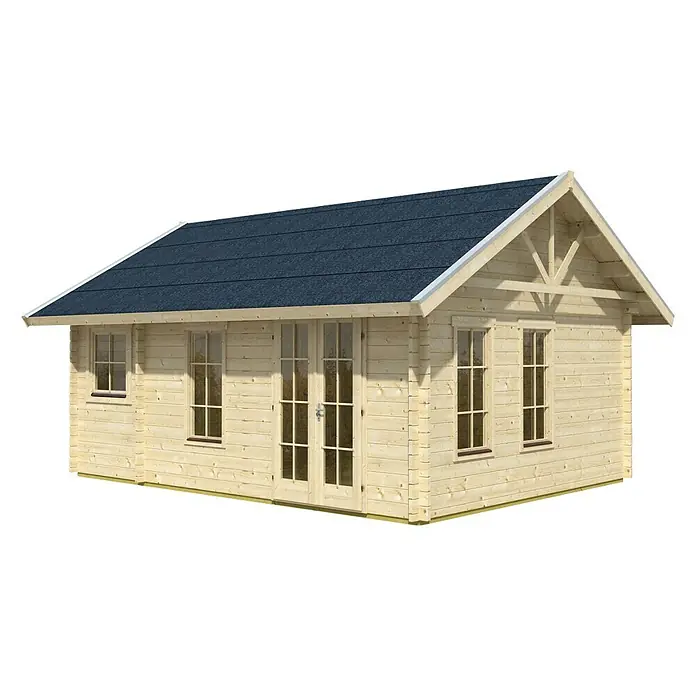 Skan Holz Gartenhaus Toronto 2Außenmaß inkl. Dachüberstand (B x T): 500 x 640 cm, Holz, Natur, 23,52 m², Dachschalung & Dachlattung - Dieses Bild zeigt ein charmantes Gartenhaus mit blauer Dachbedeckung und hellen Holzwänden. Das Haus verfügt über Fenster und eine Doppeltür.