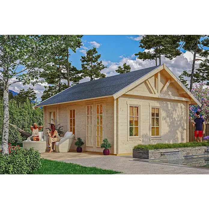 Skan Holz Gartenhaus Toronto 2Außenmaß inkl. Dachüberstand (B x T): 500 x 640 cm, Holz, Natur, 23,52 m², Dachschalung & Dachlattung - Einladende Gartenszene mit einem Holzhaus, das zum Verweilen einlädt. Die Terrasse mit Sitzgelegenheiten bietet Entspannung im Grünen.