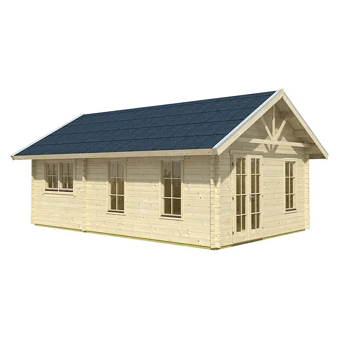 SKAN HOLZ Gartenhaus Toronto 4 - Außenmaß inkl. Dachüberstand (B x T): 500 x 740 cm, Holz, Natur, 27,72 m², 1 Lage Dachschalung - Helle Holzgartenlaube mit bläulichem Dach. Das Gartenhaus bietet mehrere Fenster und eine Doppeltür für viel Tageslicht und Zugang.