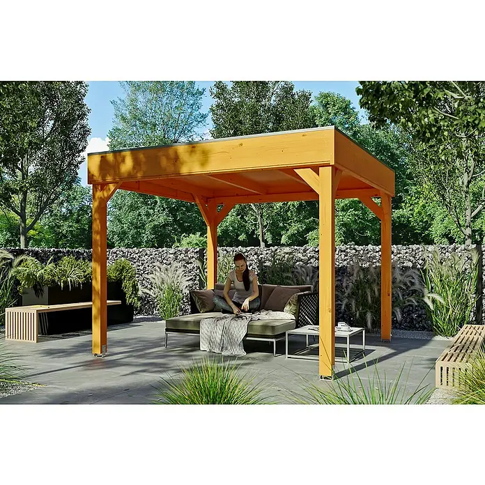 Skan Holz Pavillon ToulouseB x T: 302 x 302 cm, Holz, Eiche hell - Gemütliche Outdoor-Lounge unter einer Holzpergola. Die Überdachung bietet Schatten und Schutz vor Sonne, ideal für entspannte Stunden im Freien.