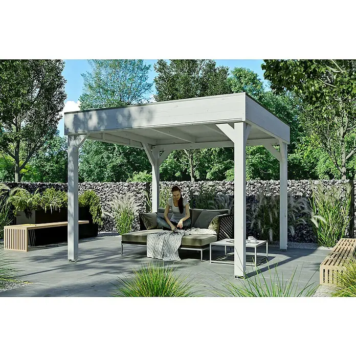 SKAN HOLZ Pavillon Toulouse - B x T: 302 x 302 cm, Holz, Weiß - Die helle Holzpergola bietet mit bequemen Möbeln einen einladenden Außenbereich, ideal für entspannte Stunden im Garten.