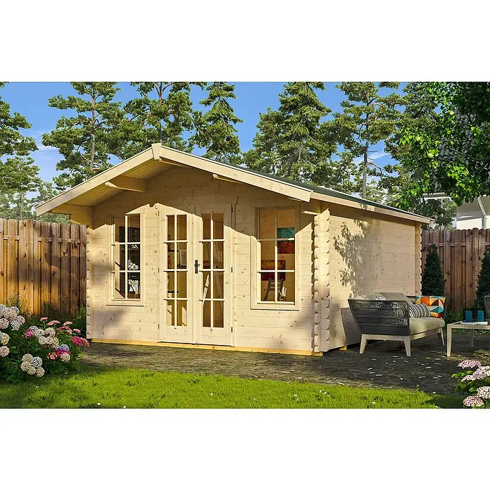 SKAN HOLZ Gartenhaus Trondheim 1 - Außenmaß inkl. Dachüberstand (B x T): 420 x 400 cm, Holz, Natur - Abbildung eines Holzgartenhauses mit Fenstern und Doppeltüren, umgeben von üppigem Grün und Gartenmöbeln.