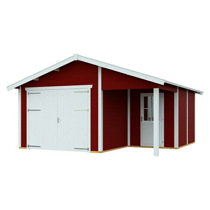 Skan Holz Garage Varberg 2B x T: 500 x 525 cm, Schwedenrot Diagonal View