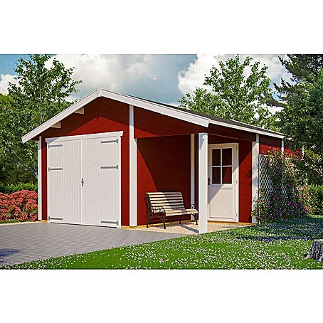 SKAN HOLZ Garage Varberg 2 (Außenmaß inkl. Dachüberstand (B x T): 540 x 585 cm, Rot)