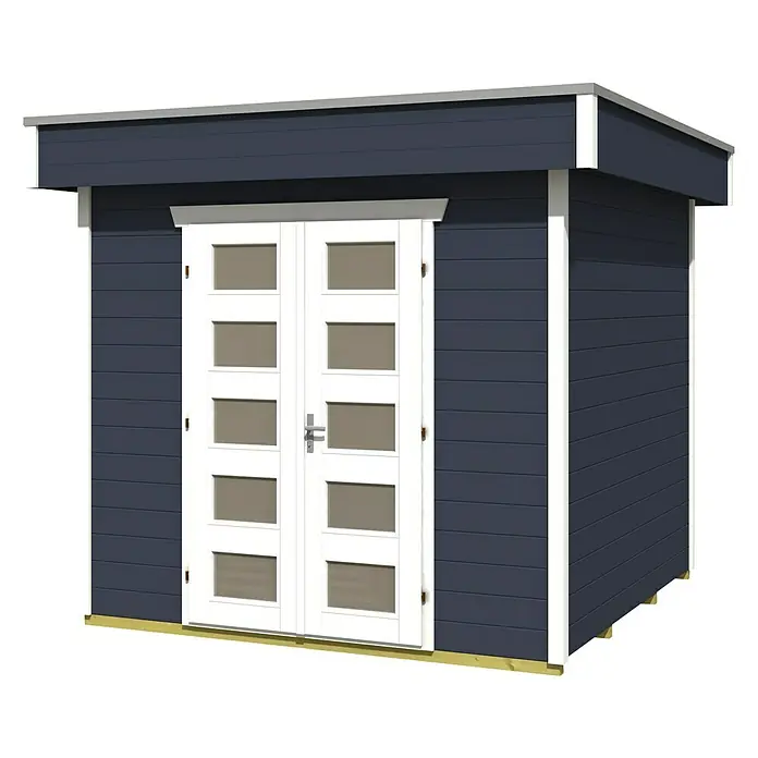 Skan Holz Gartenhaus Venlo 1Außenmaß inkl. Dachüberstand (B x T): 290 x 290 cm, Holz, Schiefergrau - Ein modernes Gartenhaus in dunklem Blau mit weißen Türen und Rahmen, ideal für die stilvolle Aufbewahrung von Gartengeräten und mehr.