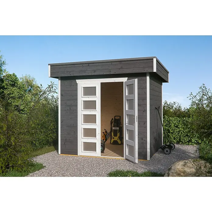 Skan Holz Gartenhaus Venlo 1Außenmaß inkl. Dachüberstand (B x T): 290 x 290 cm, Holz, Schiefergrau - Modernes Gartenhaus mit Doppeltür und Geräte darin, umgeben von Grünpflanzen, bietet stilvollen Stauraum im Freien.