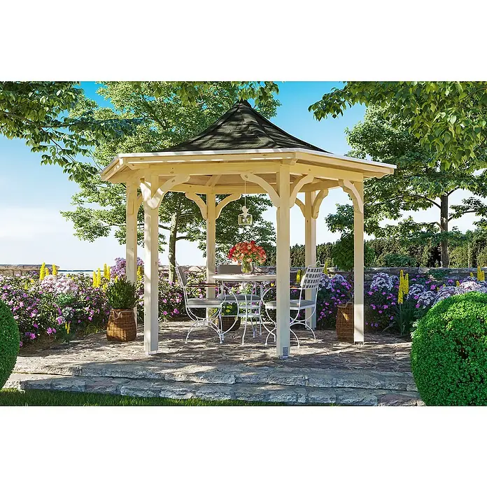 SKAN HOLZ Pavillon Versailles - L x B: 360 x 418 cm, Natur - Ein helles Holzpavillon mit schwarzem Dach, umgeben von üppigen Blumen, lädt zum Verweilen im Garten ein. Perfekt für entspannte Stunden.