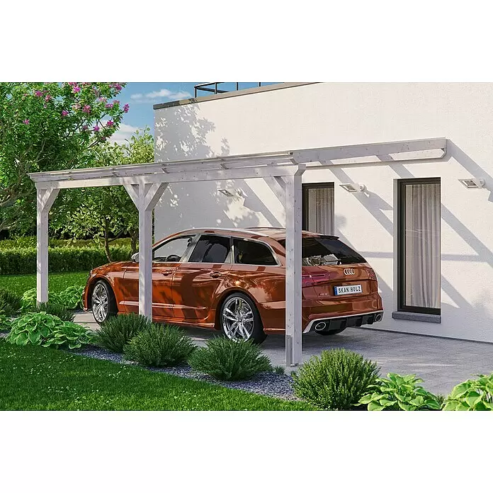 SKAN HOLZ Carport Vogtland - Außenmaß inkl. Dachüberstand (B x T): 3 x 5,41 m, Einzelcarport, Weiß - Anwendungsbeispiel