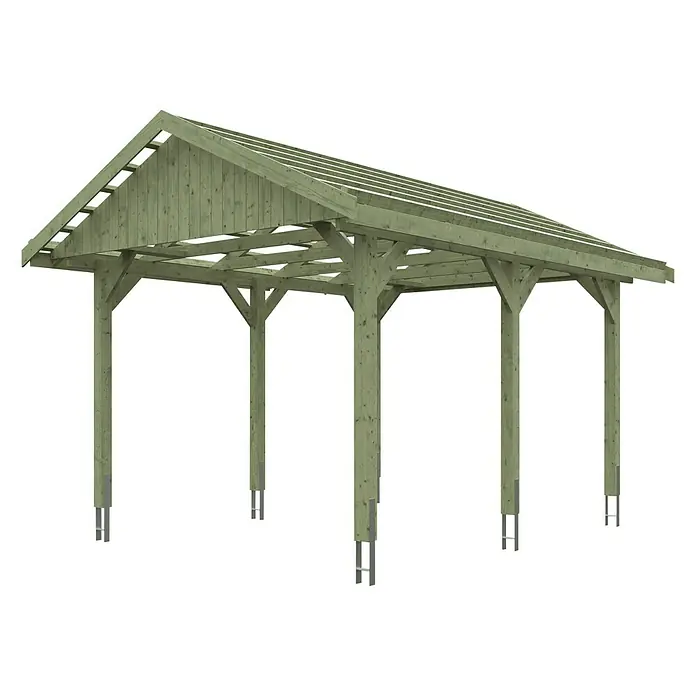SKAN HOLZ Carport Wallgau - Außenmaß inkl. Dachüberstand (B x T): 3,8 x 5 m, Einzelcarport, Grün, Dachlatten zur Eindeckung mit Dachziegeln - Eine grüne Holzkonstruktion mit Satteldach, ideal als Carport oder überdachte Terrasse. Die stabile Bauweise bietet Schutz vor Wind und Wetter.