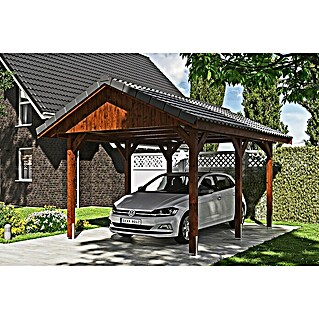 Skan Holz Carport Wallgau (Außenmaß inkl. Dachüberstand (B x T): 3,8 x 5 m, Einzelcarport, Nussbaum, Dachlatten zur Eindeckung mit Dachziegeln)