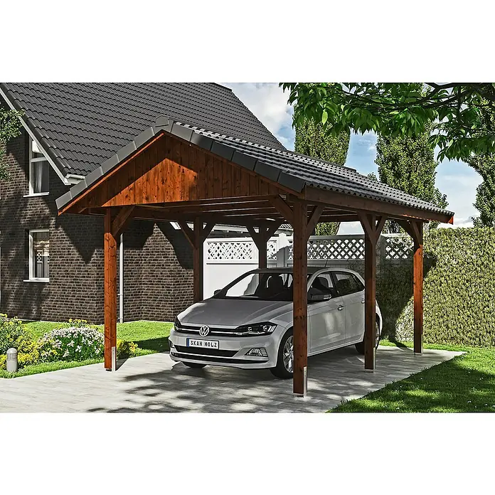 SKAN HOLZ Carport Wallgau - Außenmaß inkl. Dachüberstand (B x T): 3,8 x 5 m, Einzelcarport, Nussbaum, Dachlatten zur Eindeckung mit Dachziegeln - Ein stilvolles Carport aus Holz schützt ein weißes Auto vor den Elementen und fügt sich nahtlos in den Garten ein.