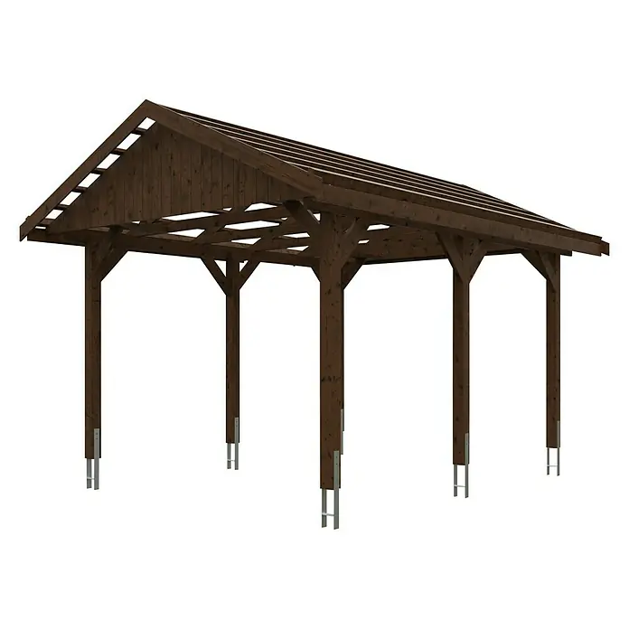 SKAN HOLZ Carport Wallgau - Außenmaß inkl. Dachüberstand (B x T): 3,8 x 5 m, Einzelcarport, Nussbaum, Dachlatten zur Eindeckung mit Dachziegeln - Einladender Pavillon mit stabilen Holzpfosten und einem robusten Dach, ideal für den Garten.