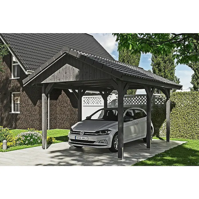 SKAN HOLZ Carport Wallgau - Außenmaß inkl. Dachüberstand (B x T): 3,8 x 5 m, Einzelcarport, Schiefergrau, Dachlatten zur Eindeckung mit Dachziegeln - Carport aus dunklem Holz mit Auto. Das robuste Design schützt Fahrzeuge vor Witterungseinflüssen und fügt sich nahtlos in den Garten ein.