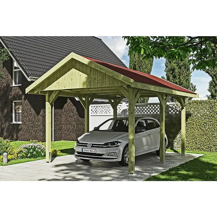SKAN HOLZ Carport Wallgau - Außenmaß inkl. Dachüberstand (B x T): 3,8 x 5 m, Einzelcarport, Grün, Farbe Dach: Rot - Ein Carport aus Holz mit rotem Dach schützt ein weißes Auto vor dem Haus.\n
